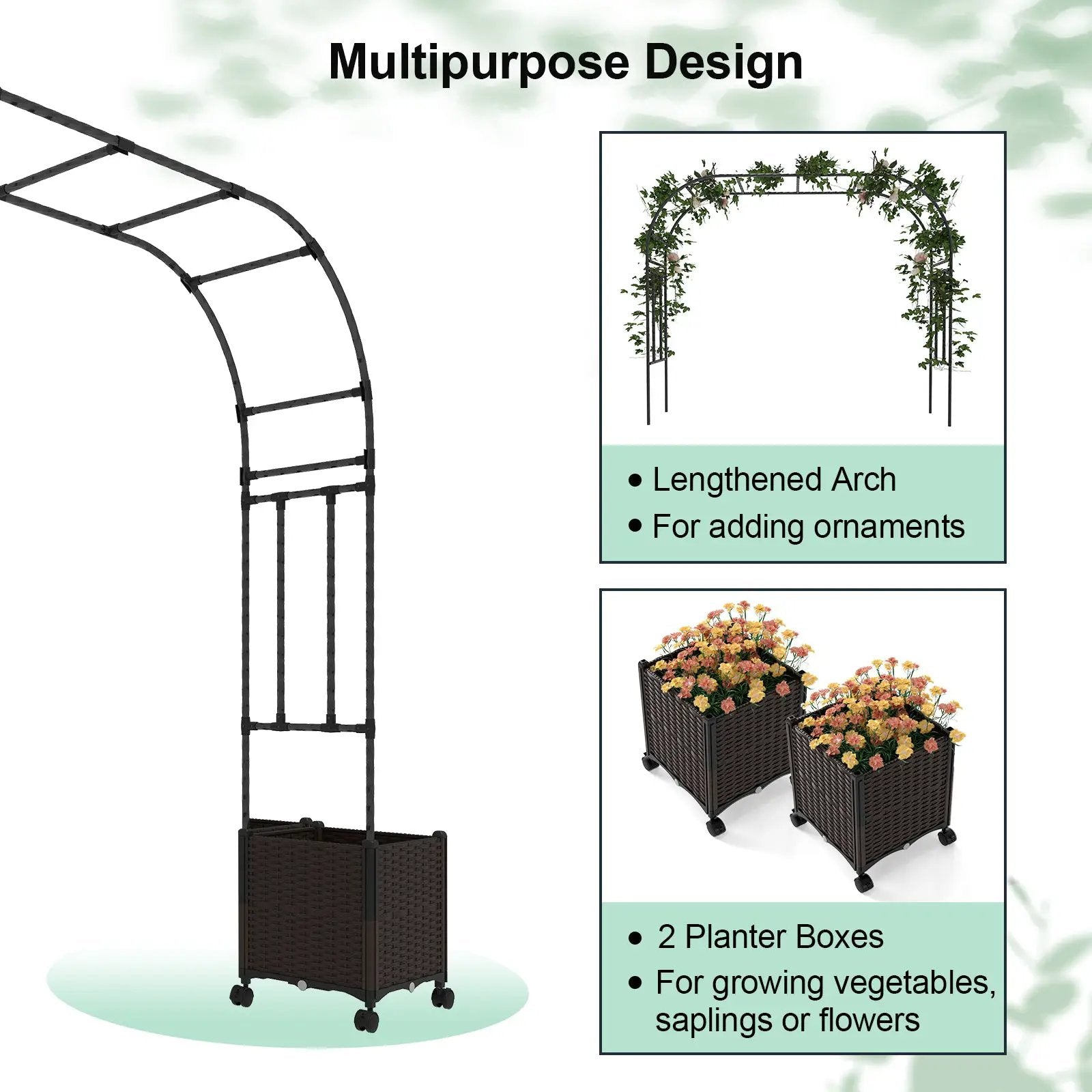 6.6 Feet Garden Arch Trellis with 2 Planter Boxes and Lockable Wheels-Black by DirectDeals