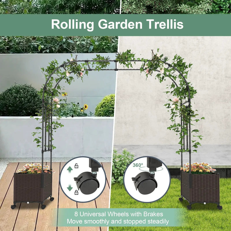 6.6 Feet Garden Arch Trellis with 2 Planter Boxes and Lockable Wheels-Black by DirectDeals
