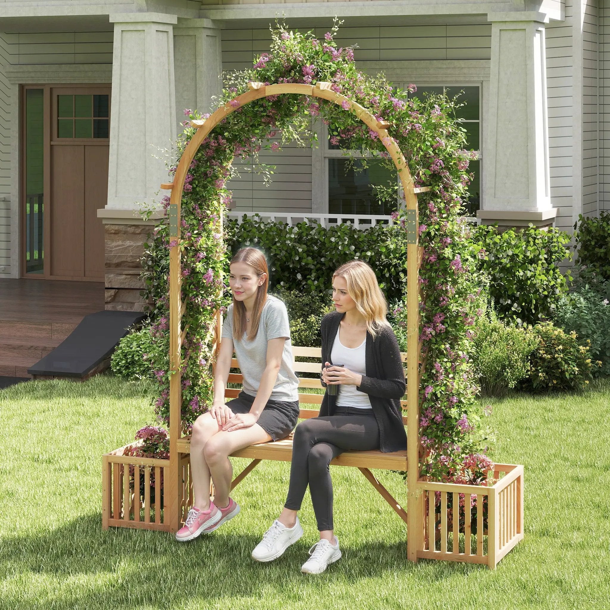 Garden Bench Arbor Arch Wooden Garden Arbor for Climbing Plants-Natural by DirectDeals