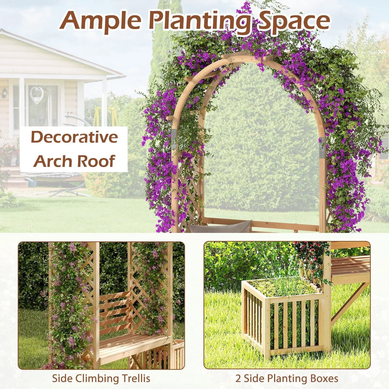 Garden Bench Arbor Arch Wooden Garden Arbor for Climbing Plants-Natural by DirectDeals