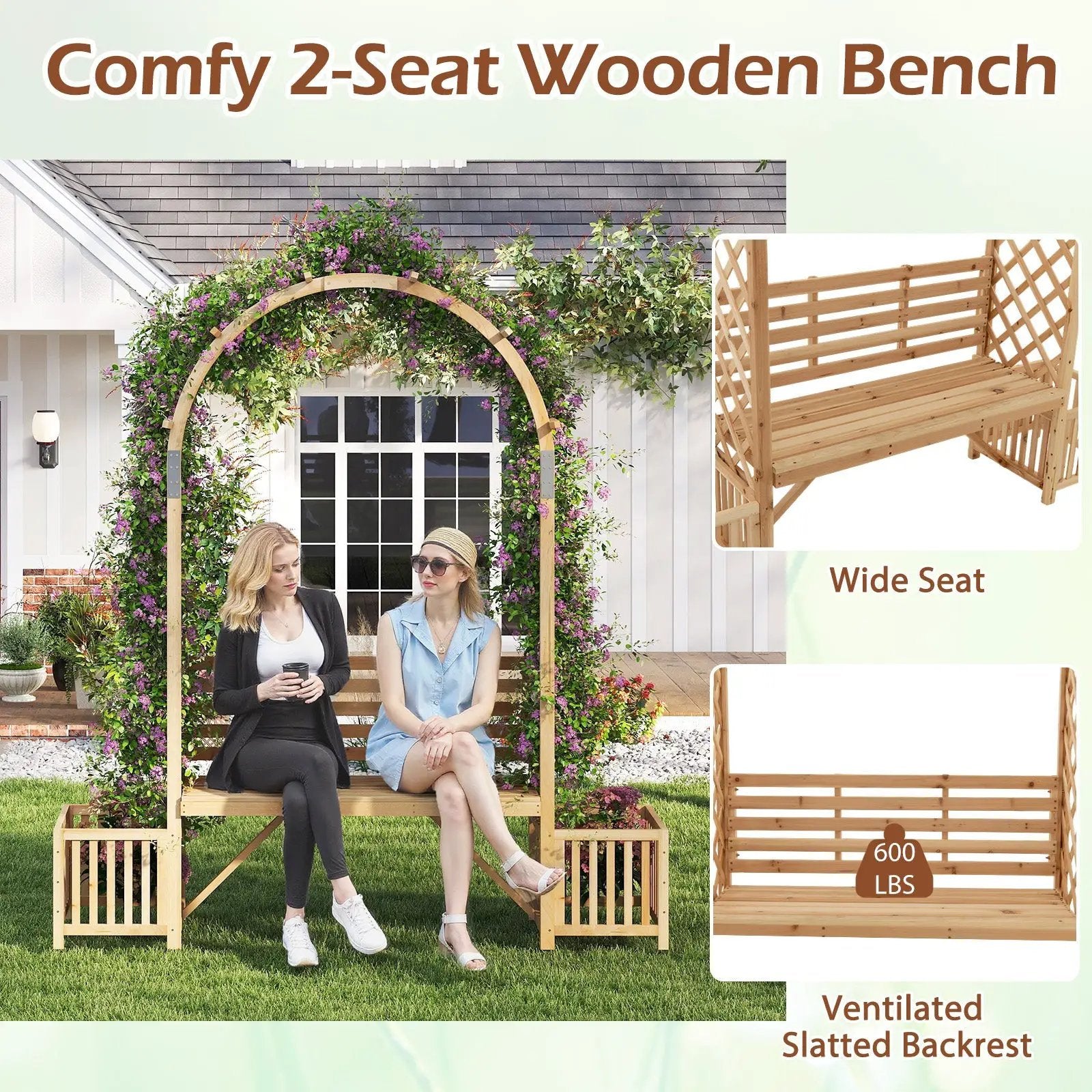 Garden Bench Arbor Arch Wooden Garden Arbor for Climbing Plants-Natural by DirectDeals