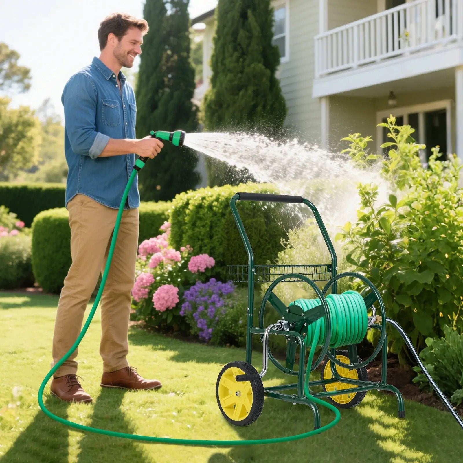 Garden Hose Reel Cart with 2 Wheels and Storage Basket by DirectDeals