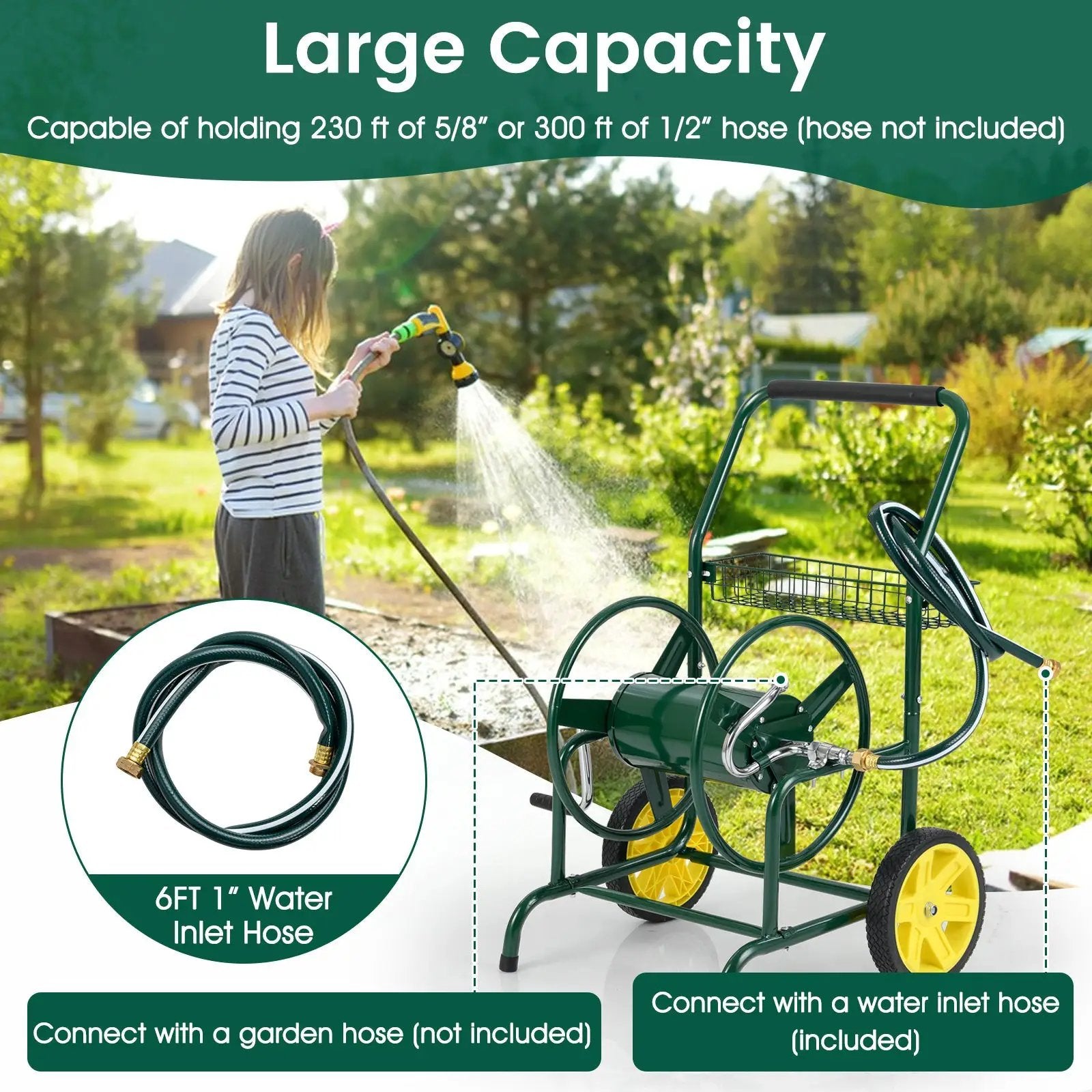 Garden Hose Reel Cart with 2 Wheels and Storage Basket by DirectDeals