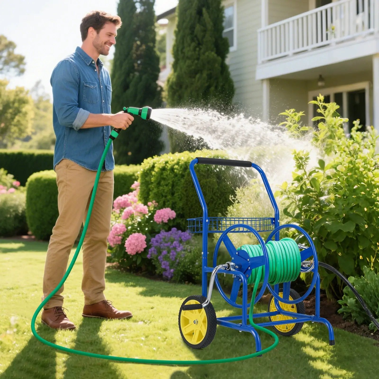 Garden Hose Reel Cart with 2 Wheels and Storage Basket by DirectDeals