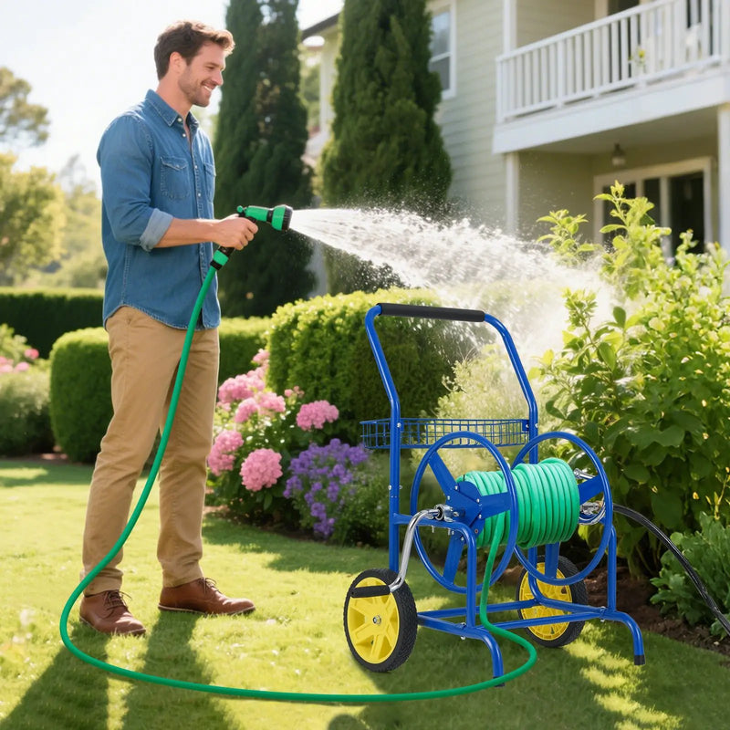 Garden Hose Reel Cart with 2 Wheels and Storage Basket by DirectDeals