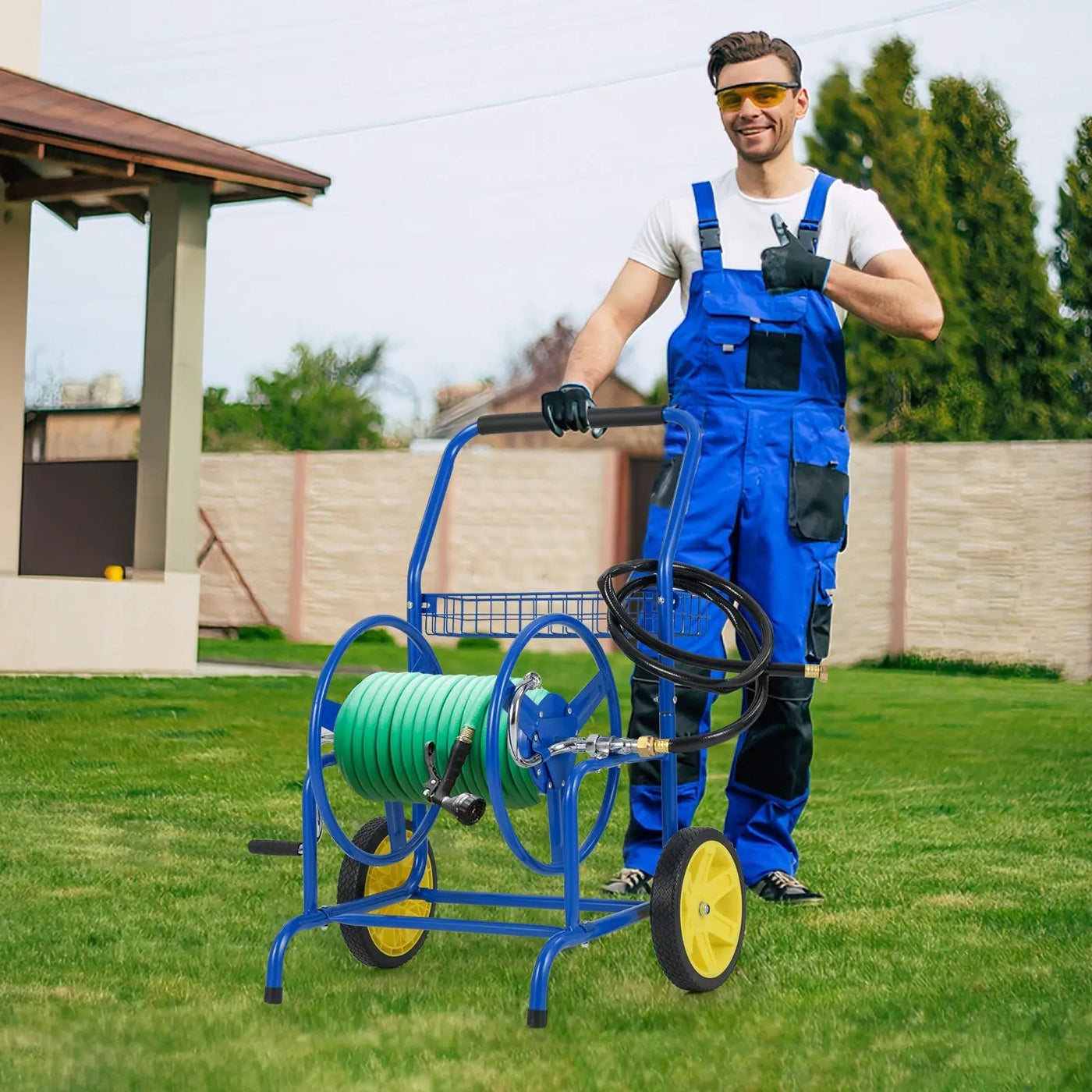 Garden Hose Reel Cart with 2 Wheels and Storage Basket by DirectDeals