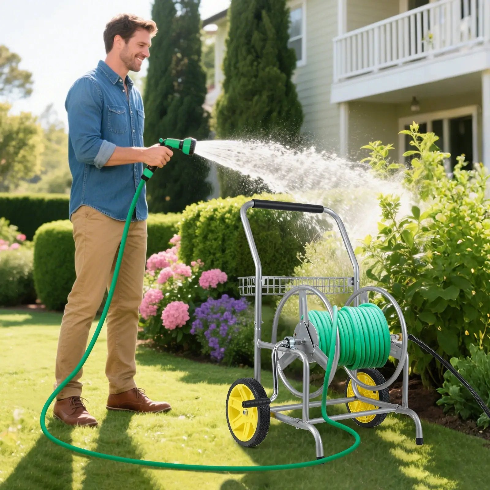 Garden Hose Reel Cart with 2 Wheels and Storage Basket by DirectDeals