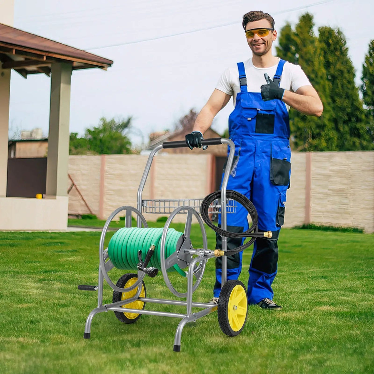 Garden Hose Reel Cart with 2 Wheels and Storage Basket by DirectDeals