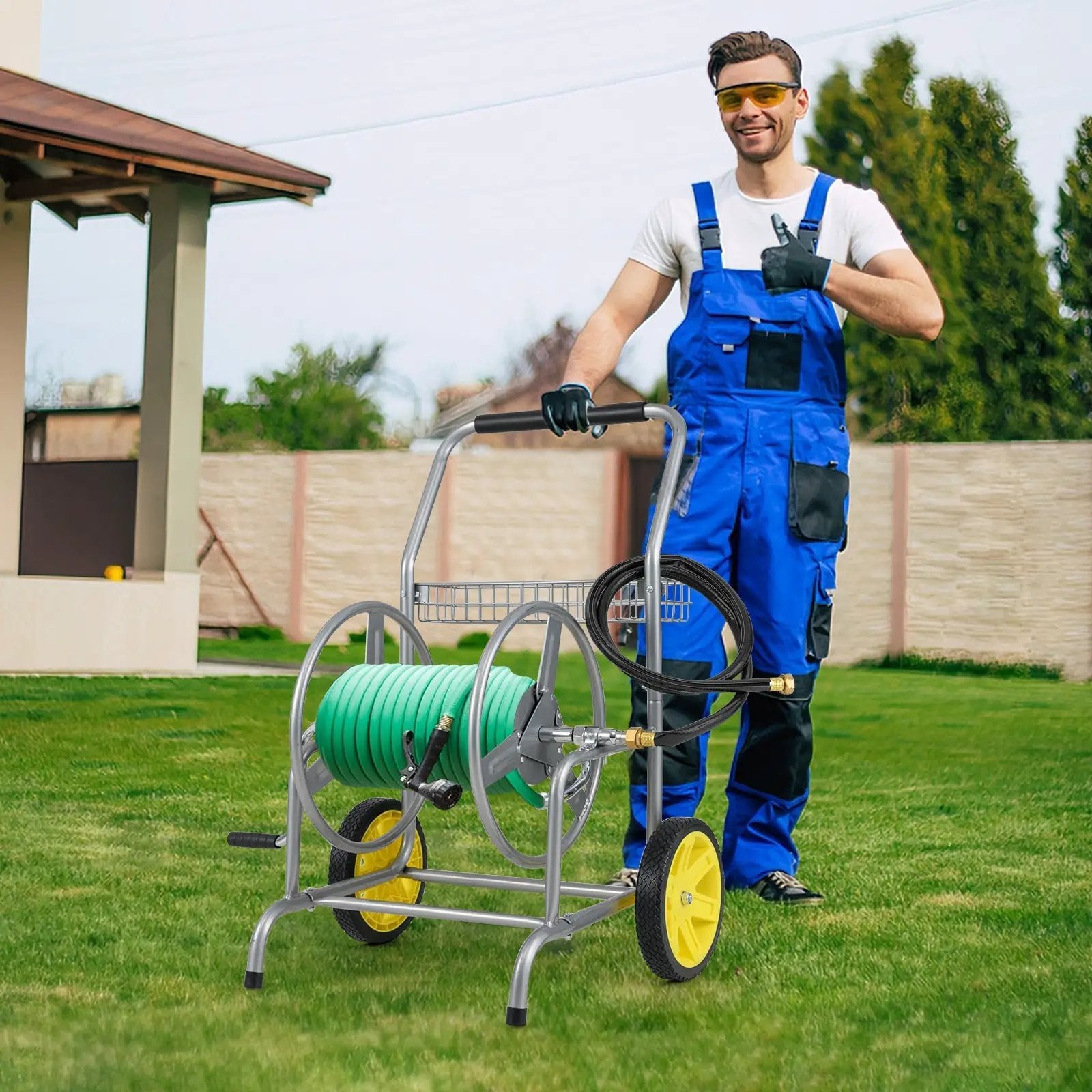Garden Hose Reel Cart with 2 Wheels and Storage Basket by DirectDeals