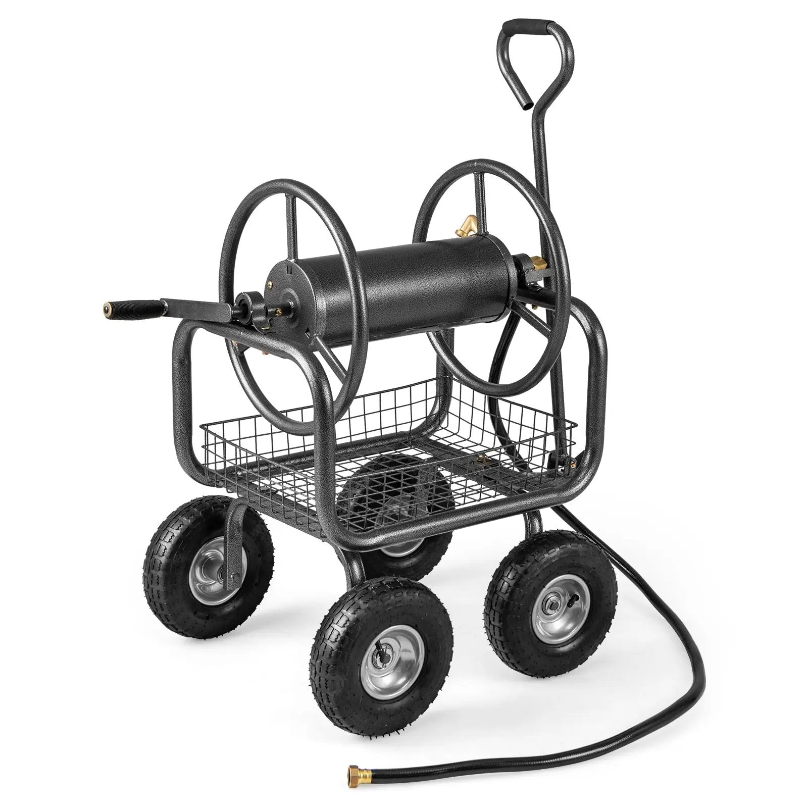Garden Hose Reel Cart 300 Feet Large Capacity with 4 Wheels and Storage Basket-Gray by DirectDeals