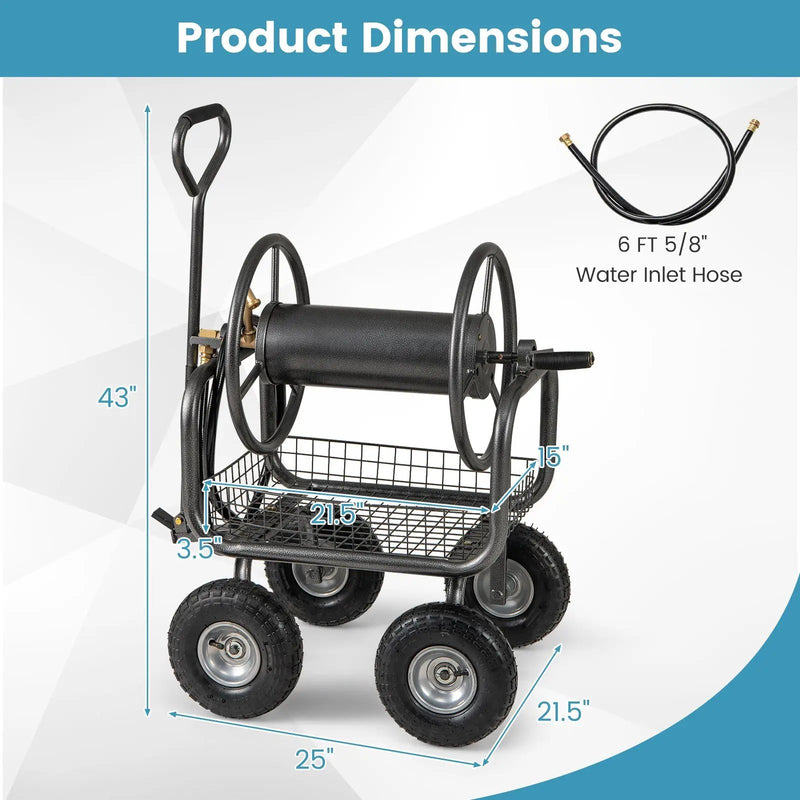 Garden Hose Reel Cart 300 Feet Large Capacity with 4 Wheels and Storage Basket-Gray by DirectDeals