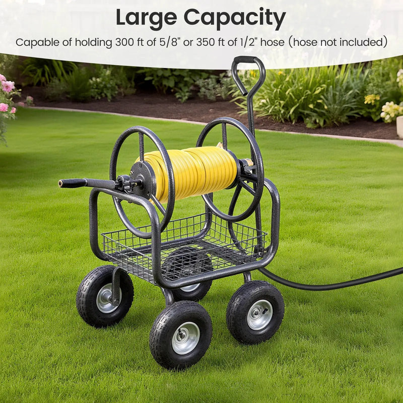 Garden Hose Reel Cart 300 Feet Large Capacity with 4 Wheels and Storage Basket-Gray by DirectDeals