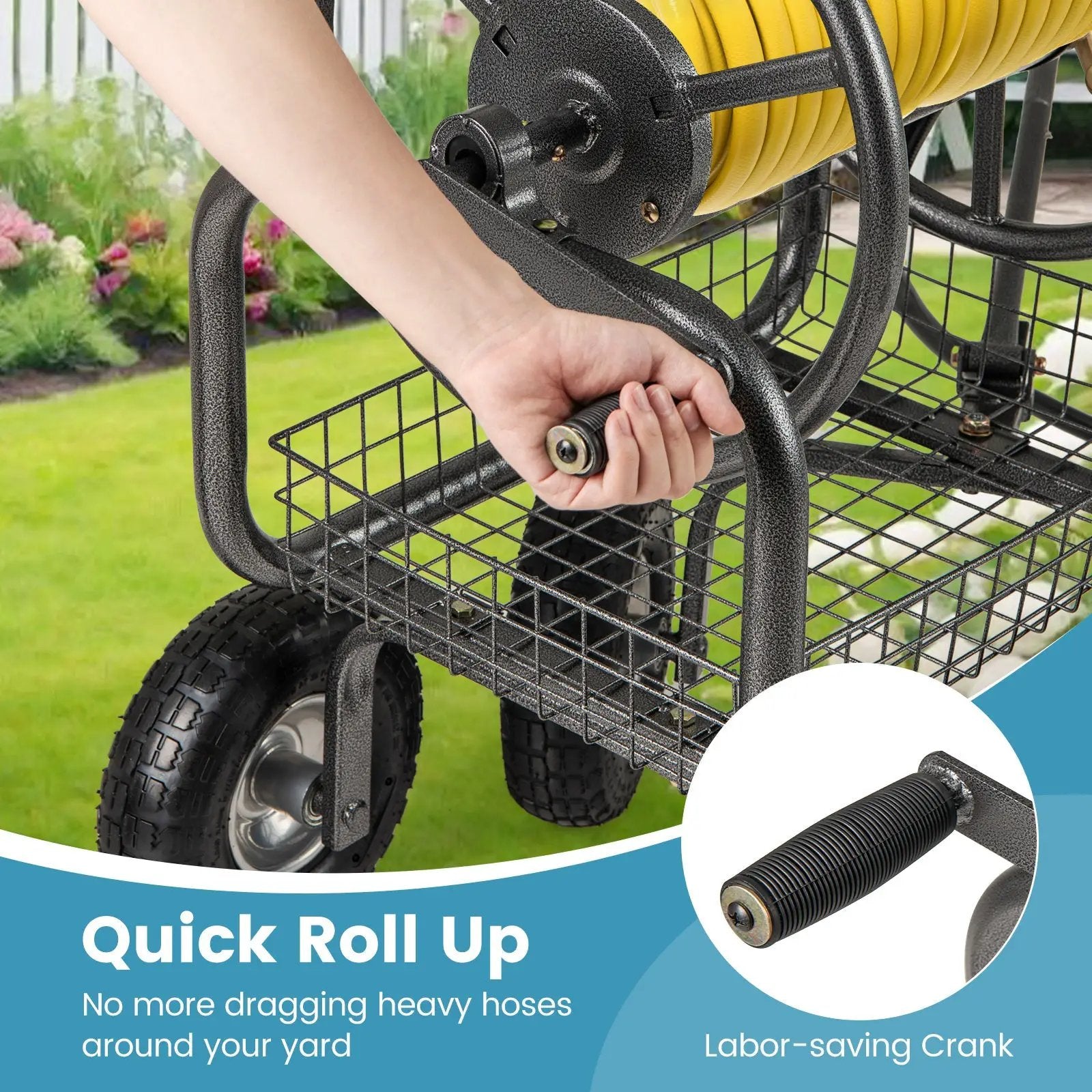 Garden Hose Reel Cart 300 Feet Large Capacity with 4 Wheels and Storage Basket-Gray by DirectDeals