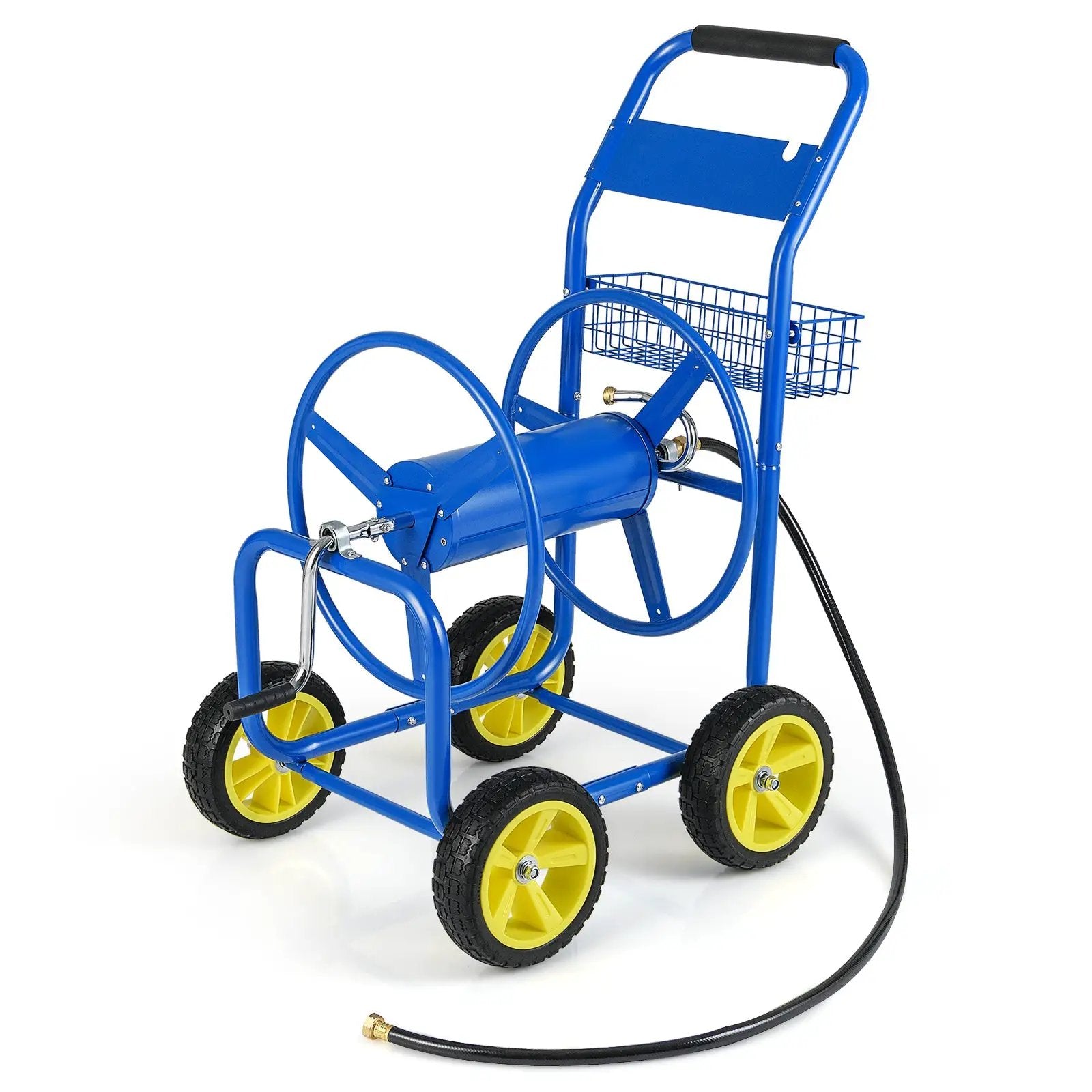 Garden Hose Reel Cart Metal Hose Cart with 4 Wheels and Storage Basket by DirectDeals