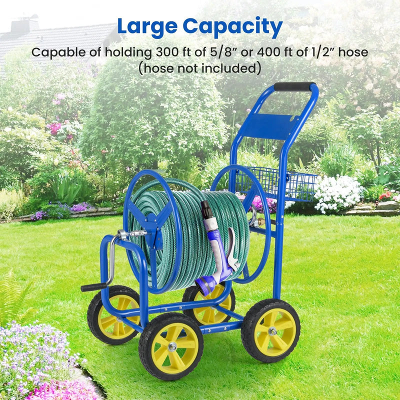 Garden Hose Reel Cart Metal Hose Cart with 4 Wheels and Storage Basket by DirectDeals