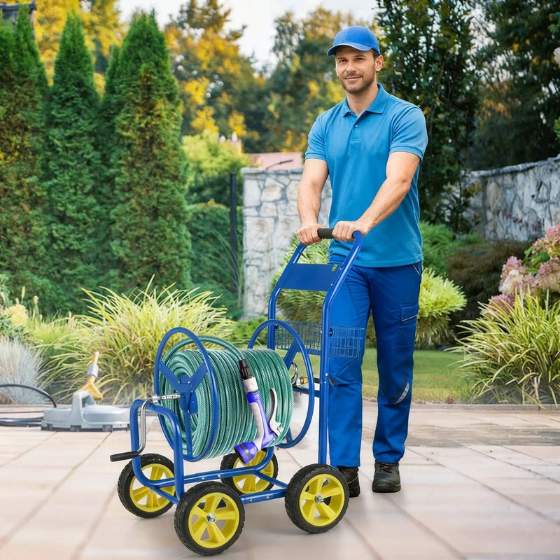 Garden Hose Reel Cart Metal Hose Cart with 4 Wheels and Storage Basket by DirectDeals