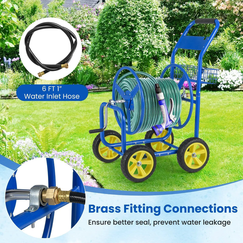 Garden Hose Reel Cart Metal Hose Cart with 4 Wheels and Storage Basket by DirectDeals