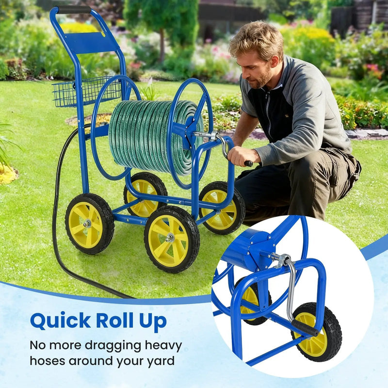 Garden Hose Reel Cart Metal Hose Cart with 4 Wheels and Storage Basket by DirectDeals