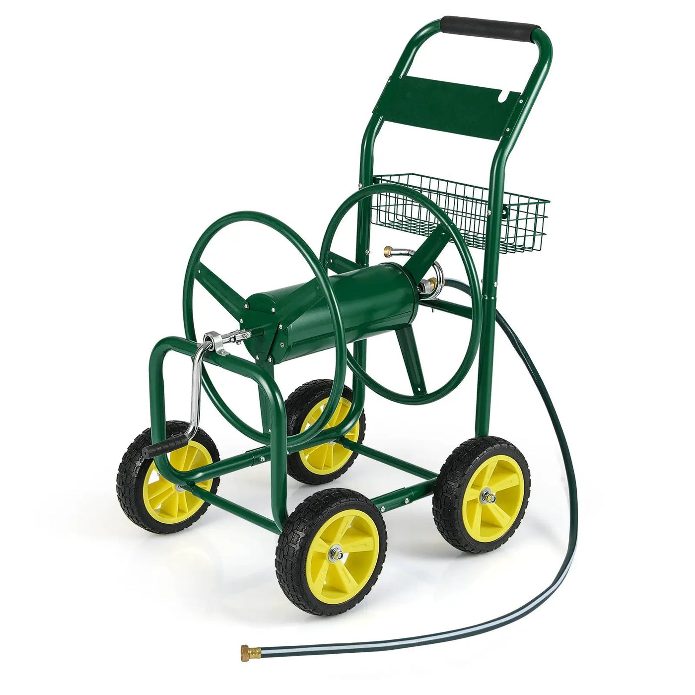 Garden Hose Reel Cart Metal Hose Cart with 4 Wheels and Storage Basket by DirectDeals