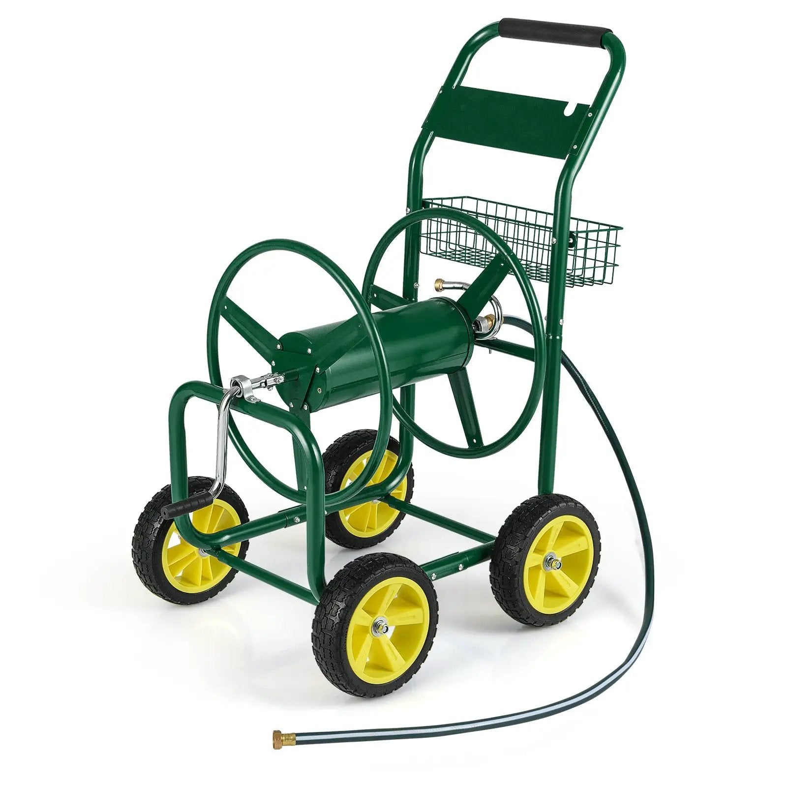 Garden Hose Reel Cart Metal Hose Cart with 4 Wheels and Storage Basket by DirectDeals