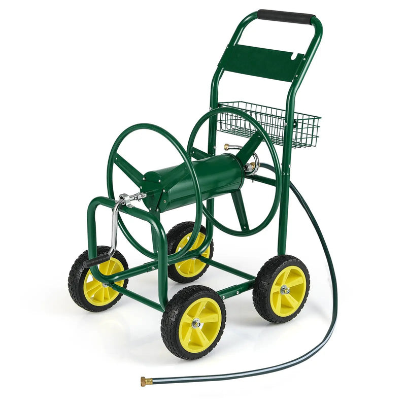Garden Hose Reel Cart Metal Hose Cart with 4 Wheels and Storage Basket by DirectDeals