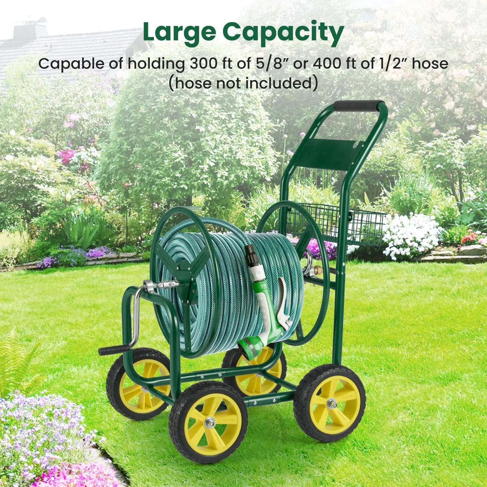 Garden Hose Reel Cart Metal Hose Cart with 4 Wheels and Storage Basket by DirectDeals