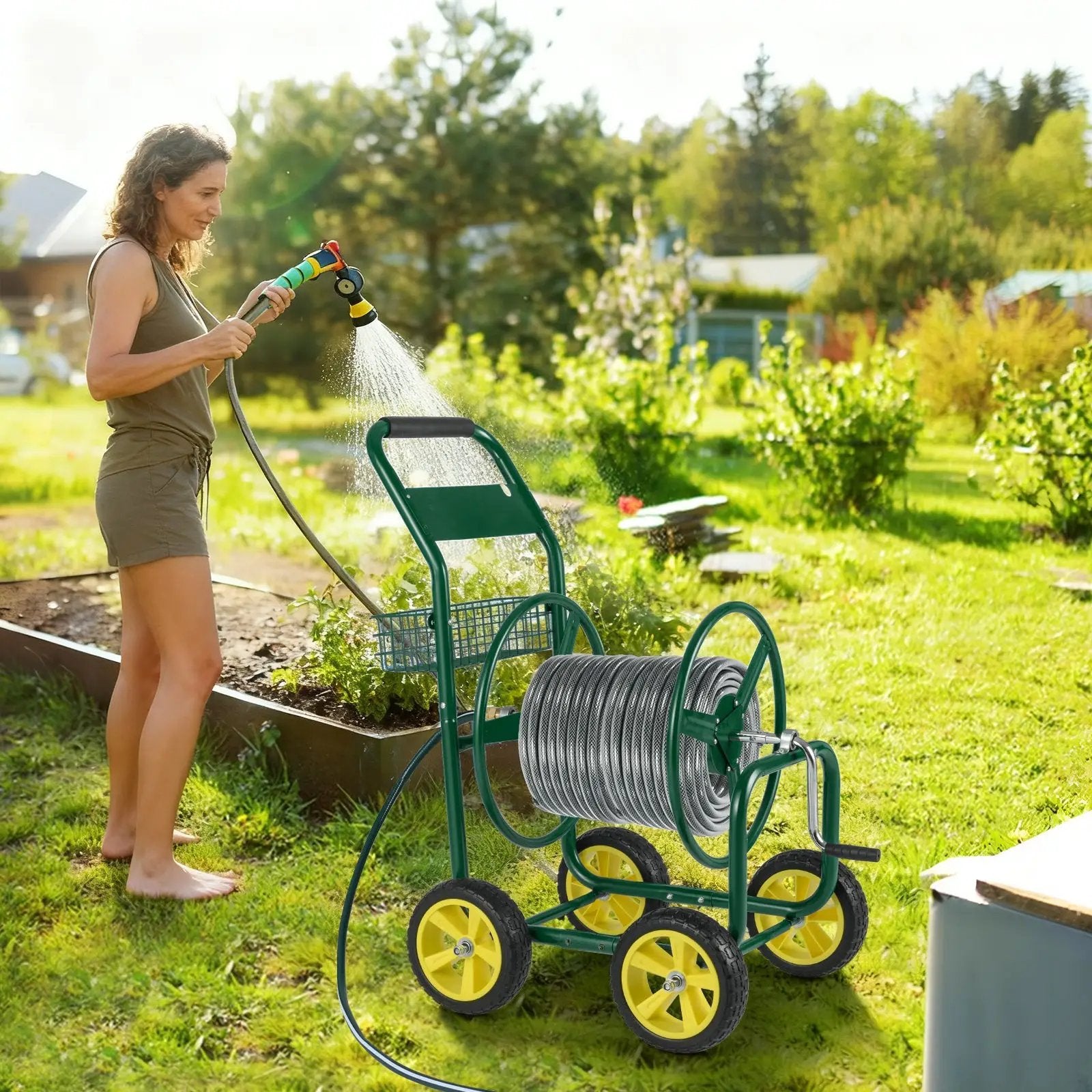 Garden Hose Reel Cart Metal Hose Cart with 4 Wheels and Storage Basket by DirectDeals