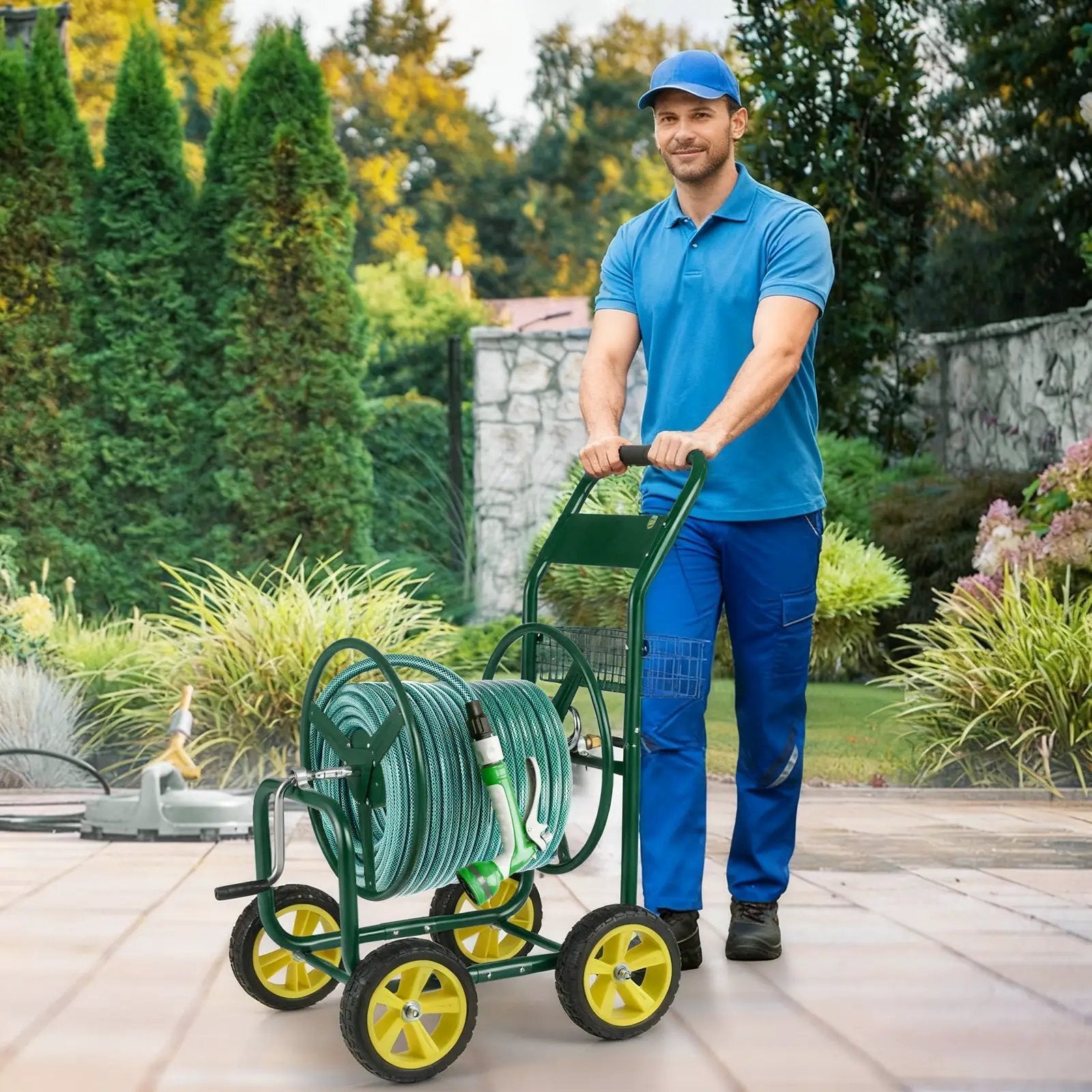 Garden Hose Reel Cart Metal Hose Cart with 4 Wheels and Storage Basket by DirectDeals