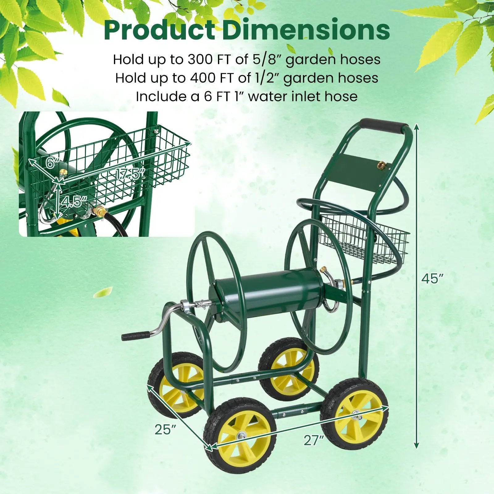 Garden Hose Reel Cart Metal Hose Cart with 4 Wheels and Storage Basket by DirectDeals
