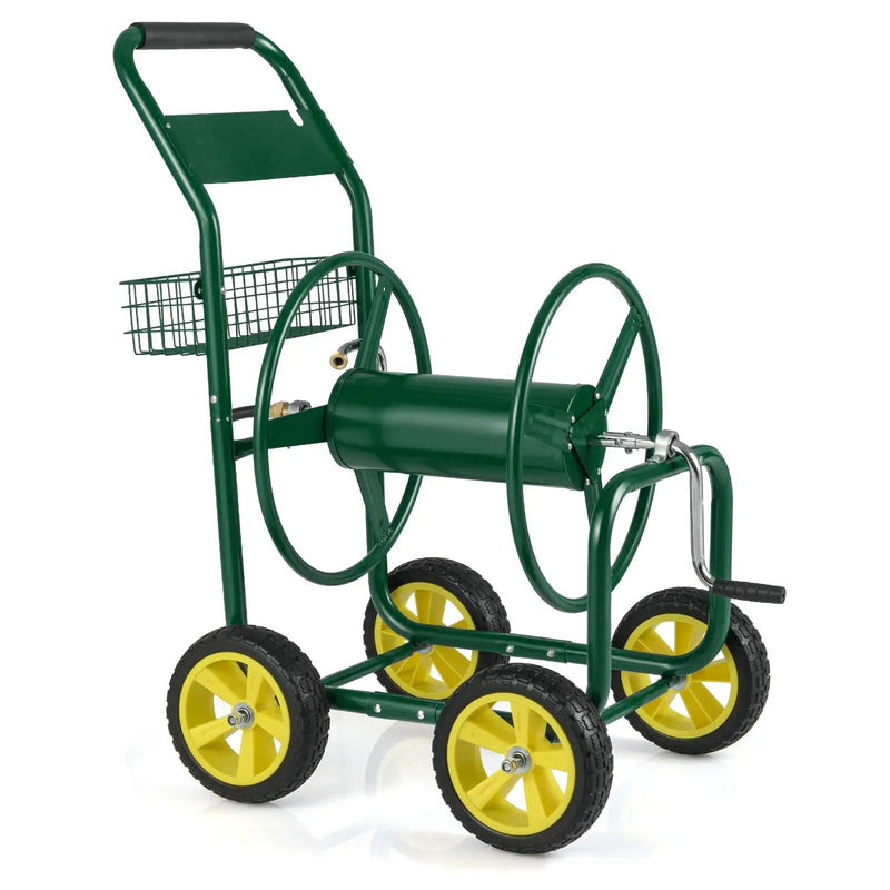 Garden Hose Reel Cart Metal Hose Cart with 4 Wheels and Storage Basket by DirectDeals