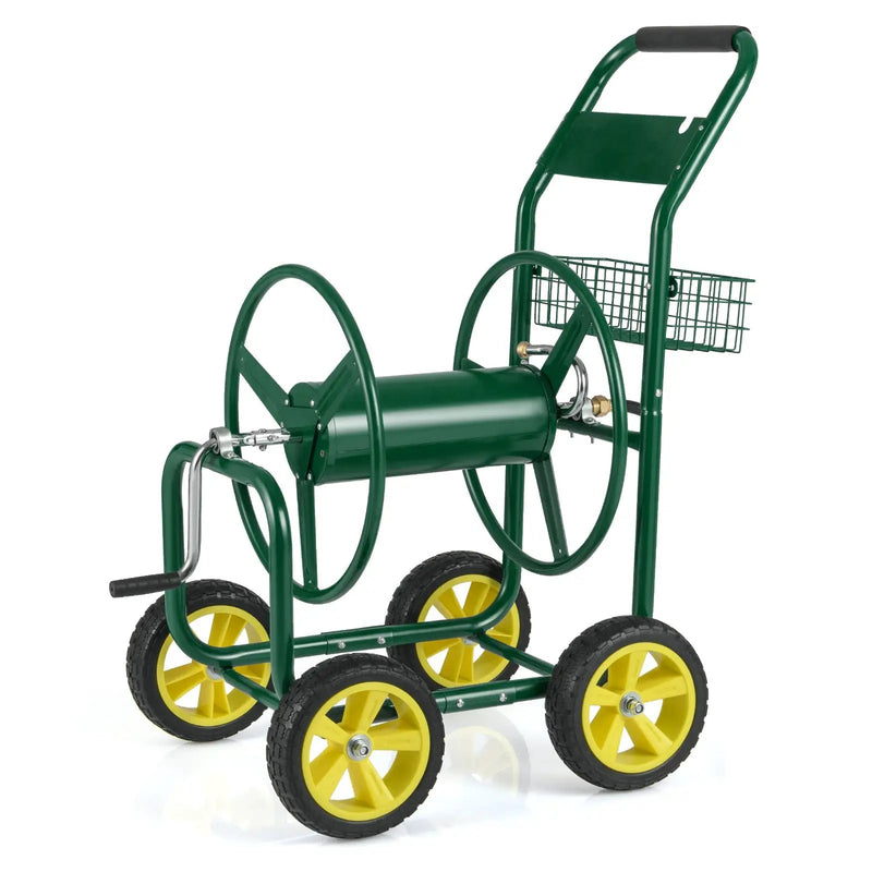 Garden Hose Reel Cart Metal Hose Cart with 4 Wheels and Storage Basket by DirectDeals