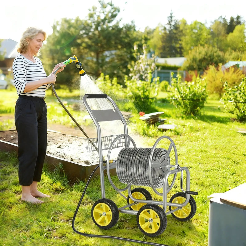 Garden Hose Reel Cart Metal Hose Cart with 4 Wheels and Storage Basket by DirectDeals