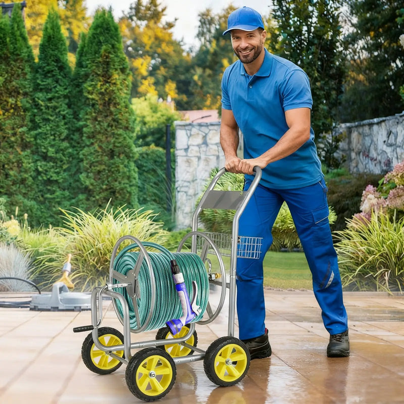 Garden Hose Reel Cart Metal Hose Cart with 4 Wheels and Storage Basket by DirectDeals