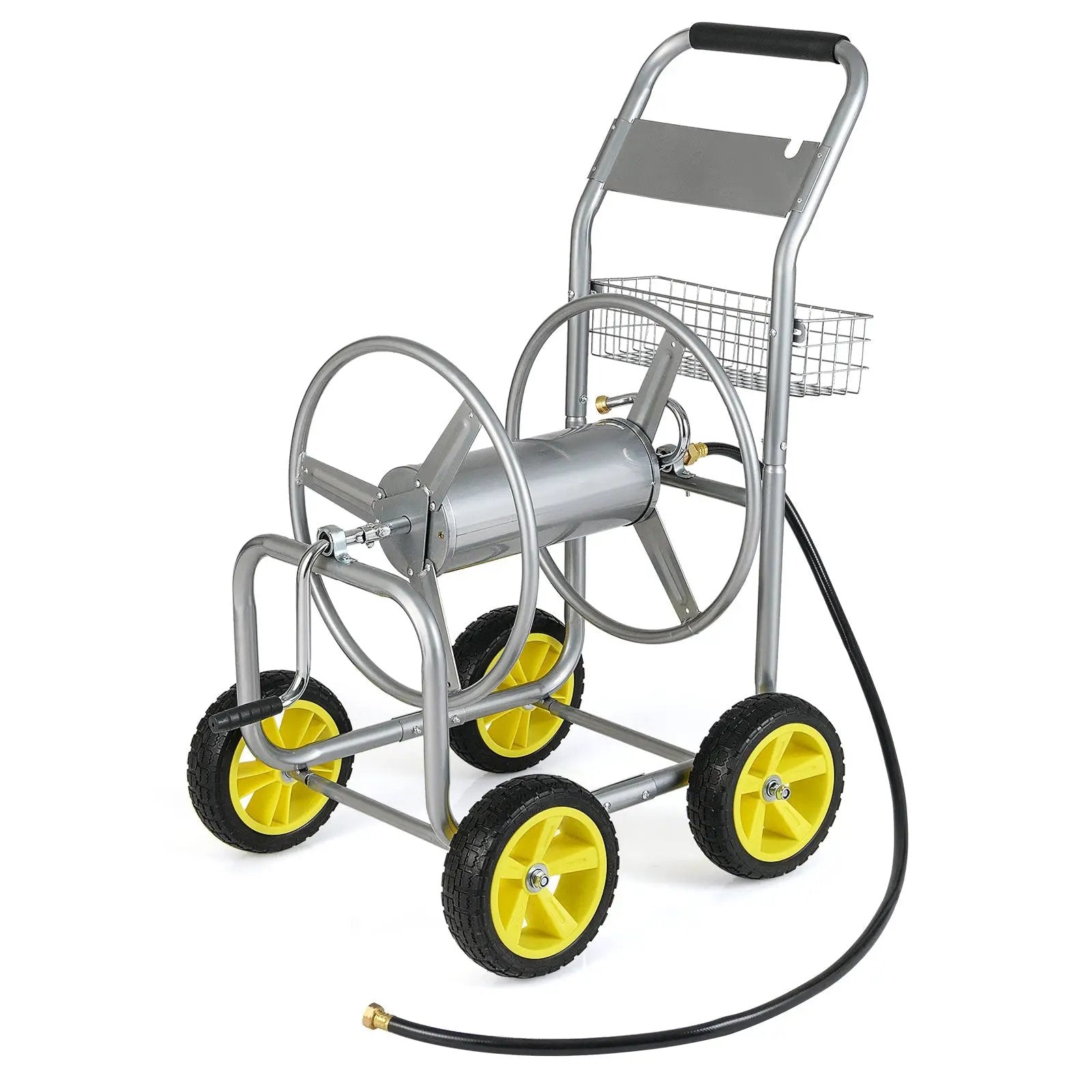 Garden Hose Reel Cart Metal Hose Cart with 4 Wheels and Storage Basket by DirectDeals