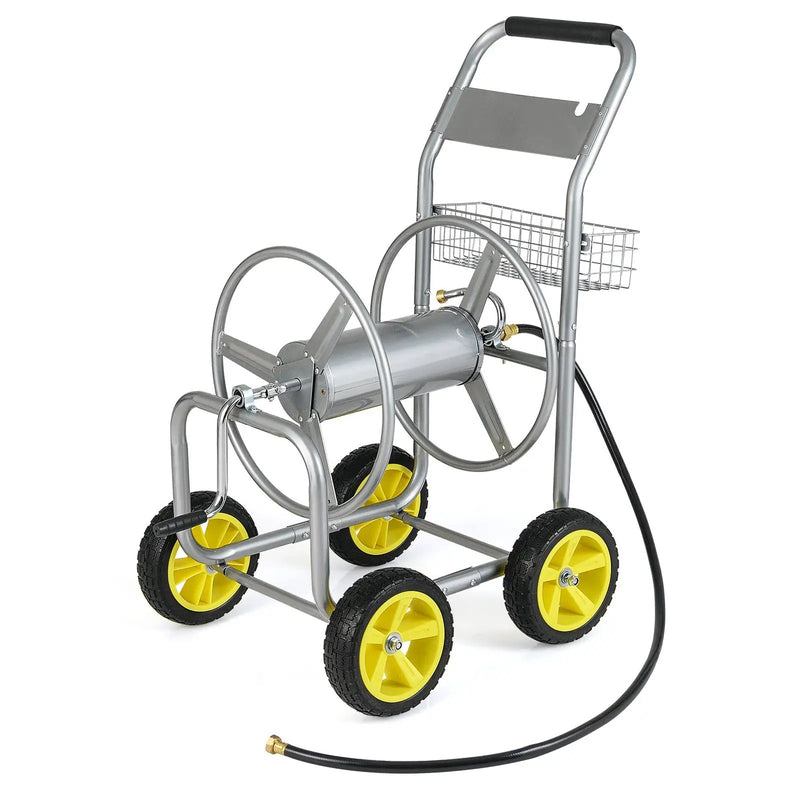 Garden Hose Reel Cart Metal Hose Cart with 4 Wheels and Storage Basket by DirectDeals