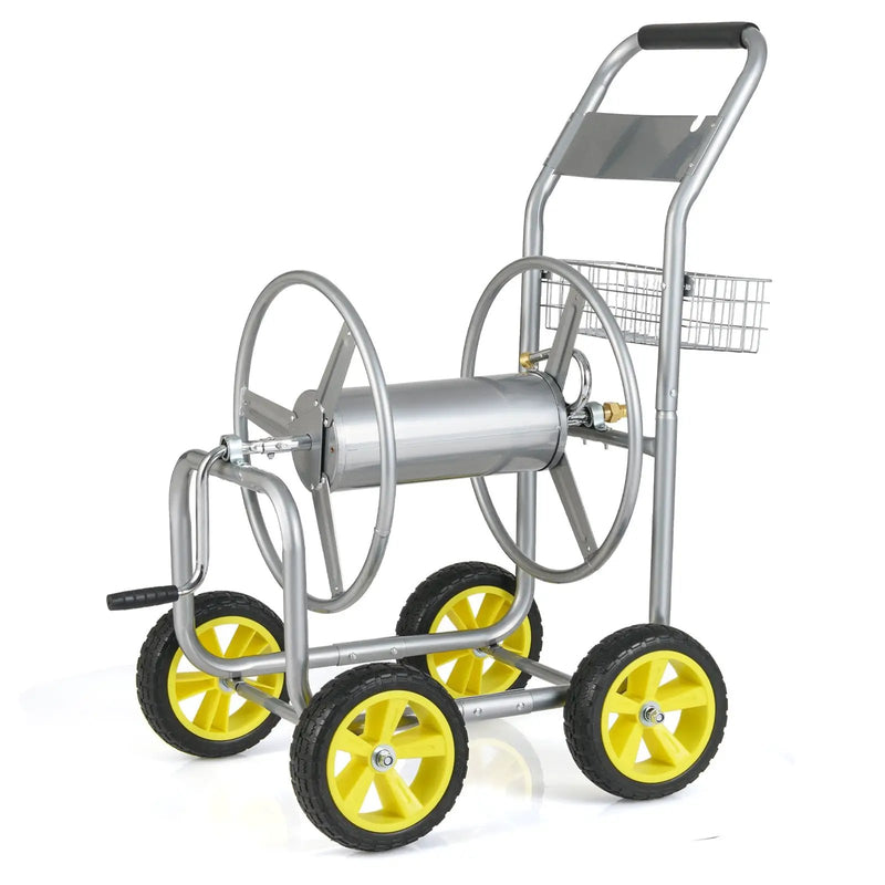 Garden Hose Reel Cart Metal Hose Cart with 4 Wheels and Storage Basket by DirectDeals