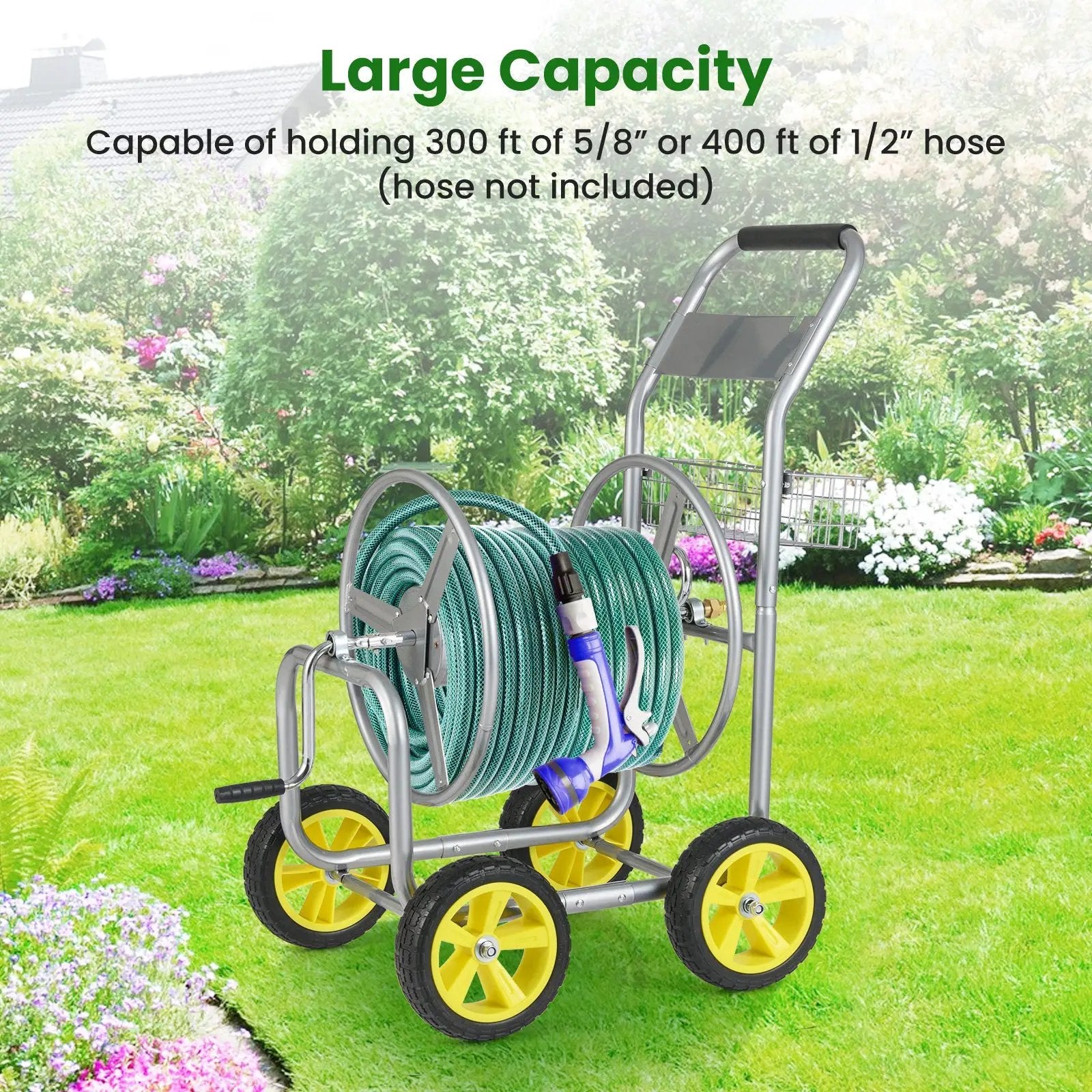 Garden Hose Reel Cart Metal Hose Cart with 4 Wheels and Storage Basket by DirectDeals