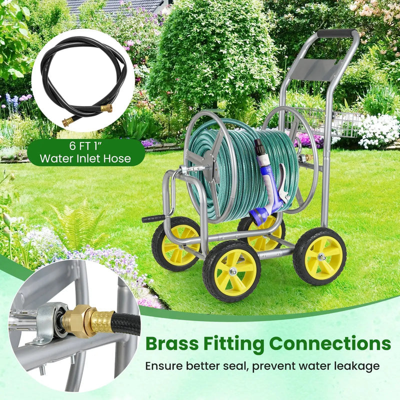 Garden Hose Reel Cart Metal Hose Cart with 4 Wheels and Storage Basket by DirectDeals