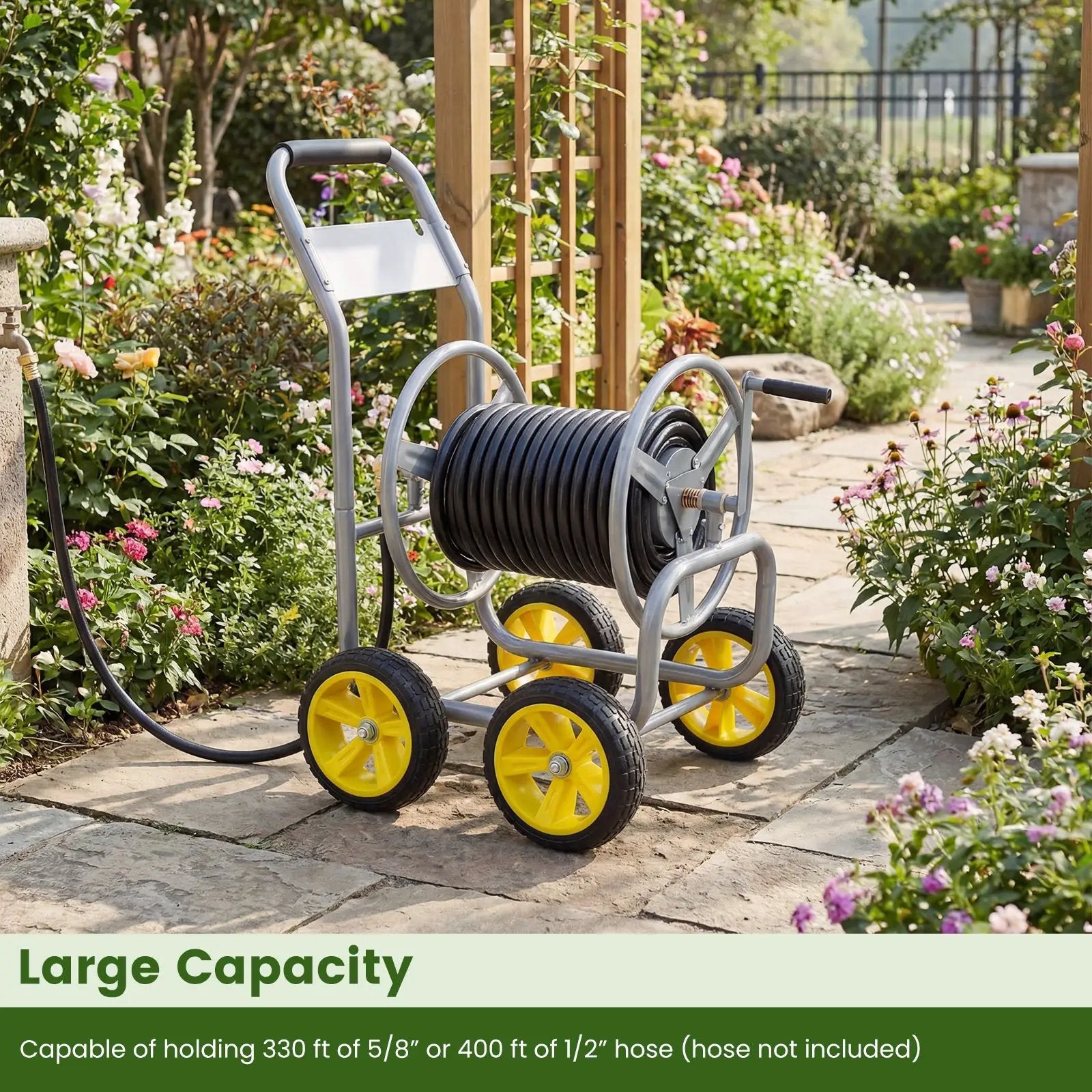 Garden Hose Reel Cart 4 Wheels Heavy-Duty Metal Water Hose Organizer Portable by DirectDeals
