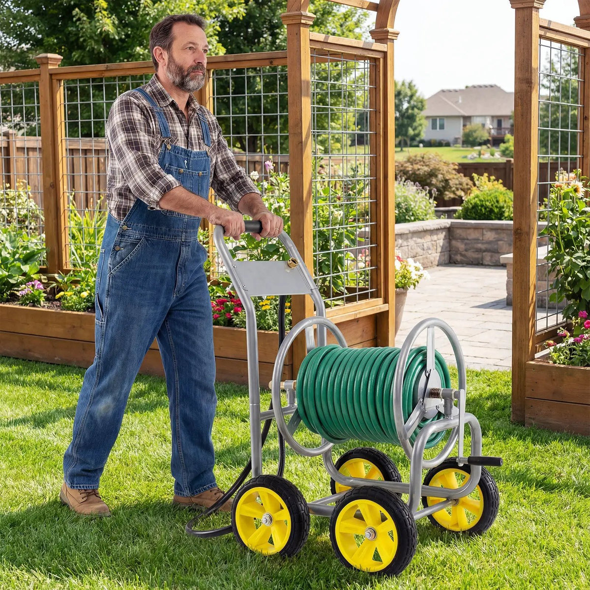 Garden Hose Reel Cart 4 Wheels Heavy-Duty Metal Water Hose Organizer Portable by DirectDeals