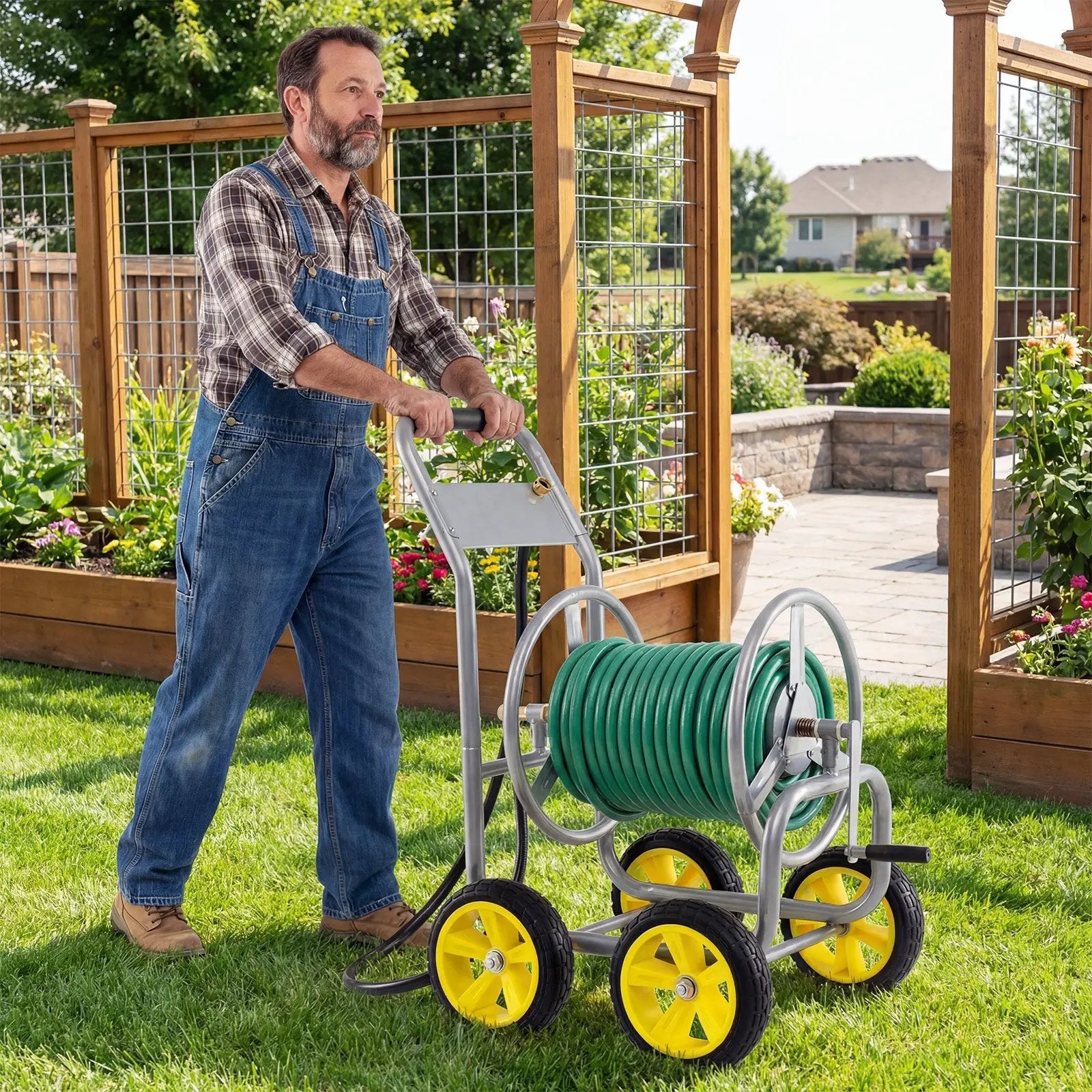 Garden Hose Reel Cart 4 Wheels Heavy-Duty Metal Water Hose Organizer Portable by DirectDeals