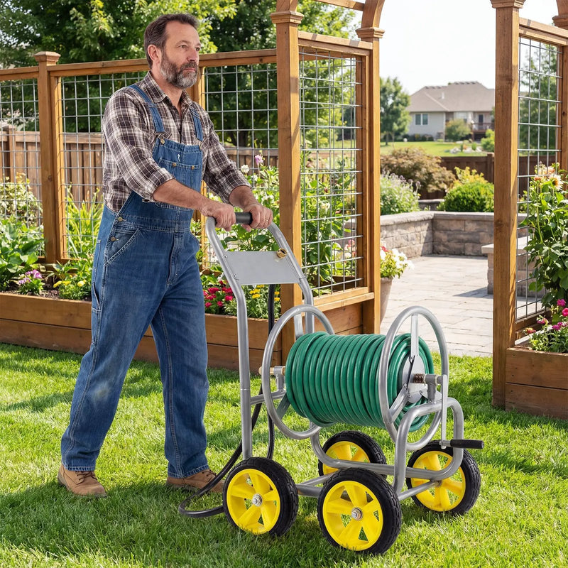 Garden Hose Reel Cart 4 Wheels Heavy-Duty Metal Water Hose Organizer Portable by DirectDeals