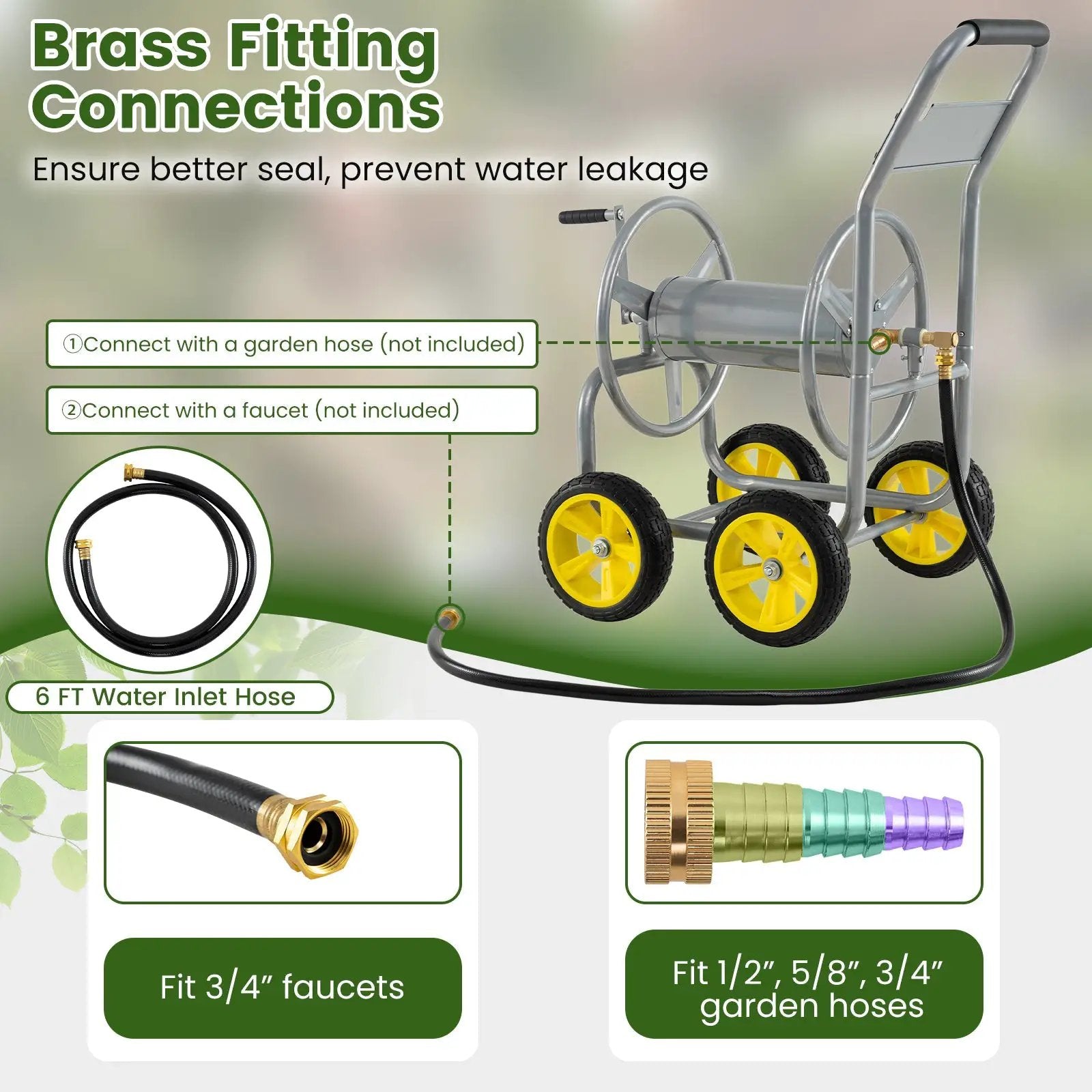 Garden Hose Reel Cart 4 Wheels Heavy-Duty Metal Water Hose Organizer Portable by DirectDeals