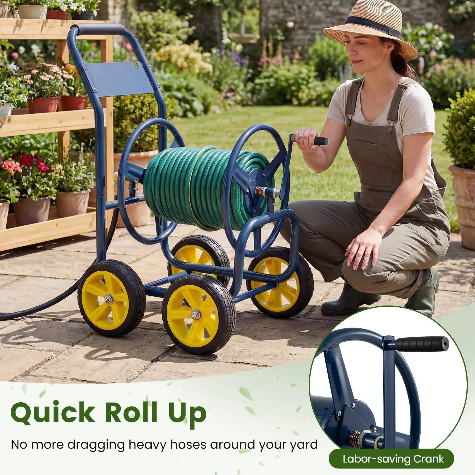 Garden Hose Reel Cart 4 Wheels Heavy-Duty Metal Water Hose Organizer Portable by DirectDeals