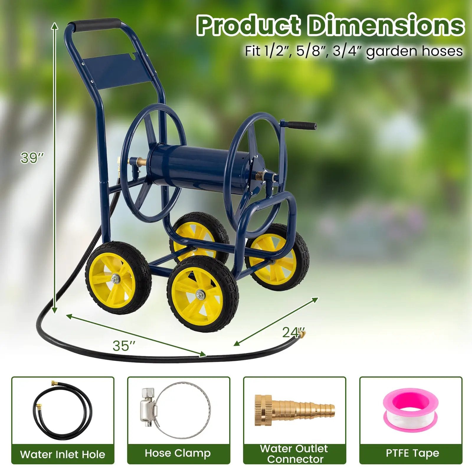 Garden Hose Reel Cart 4 Wheels Heavy-Duty Metal Water Hose Organizer Portable by DirectDeals