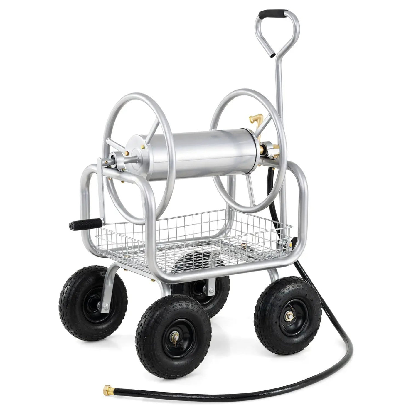 Garden Hose Reel Cart 300 Feet Large Capacity with 4 Wheels and Storage Basket-Gray by DirectDeals