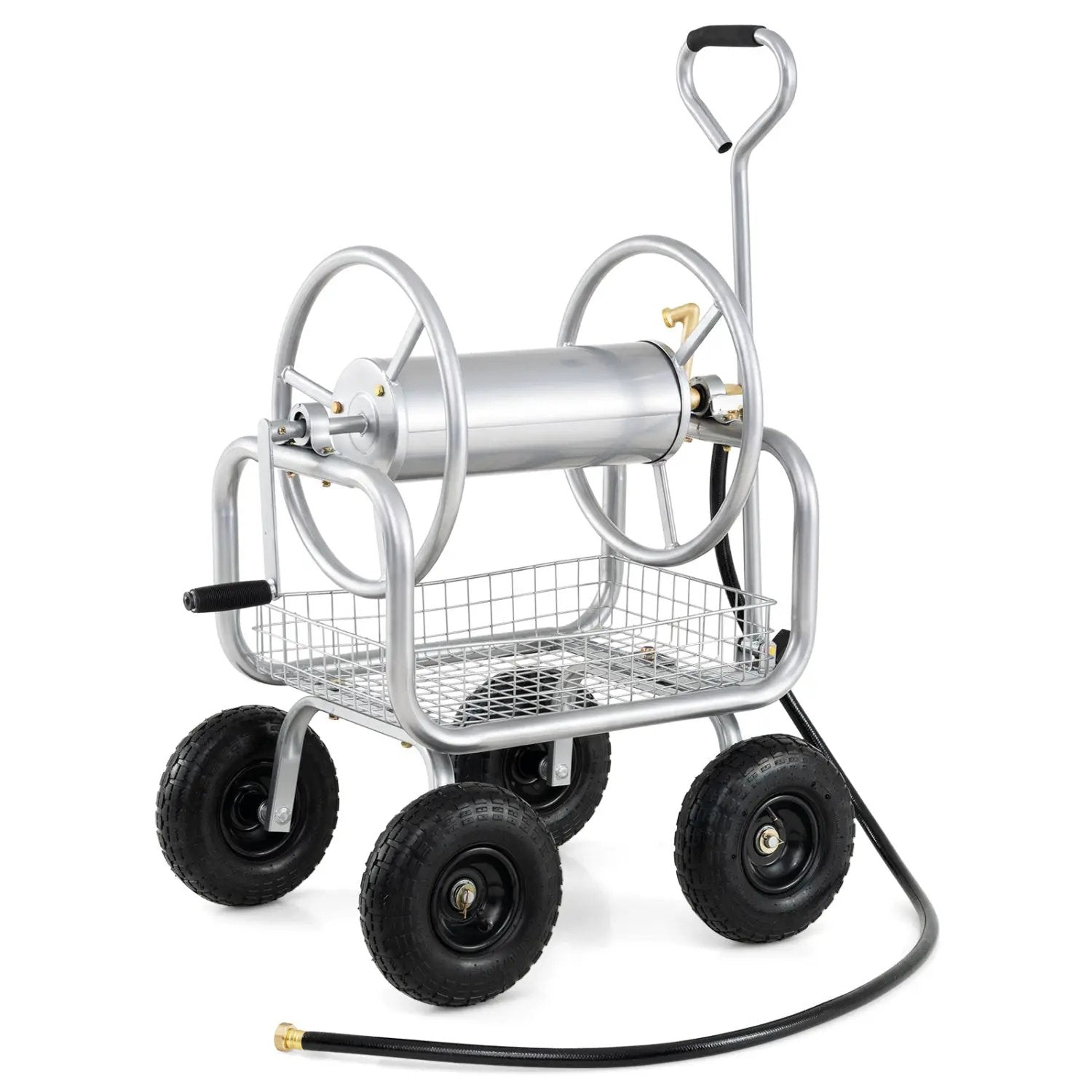 Garden Hose Reel Cart 300 Feet Large Capacity with 4 Wheels and Storage Basket-Gray by DirectDeals