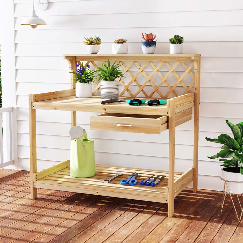 Garden Potting Bench Table Wooden Planting Workstation with Lattice Trellis by DirectDeals