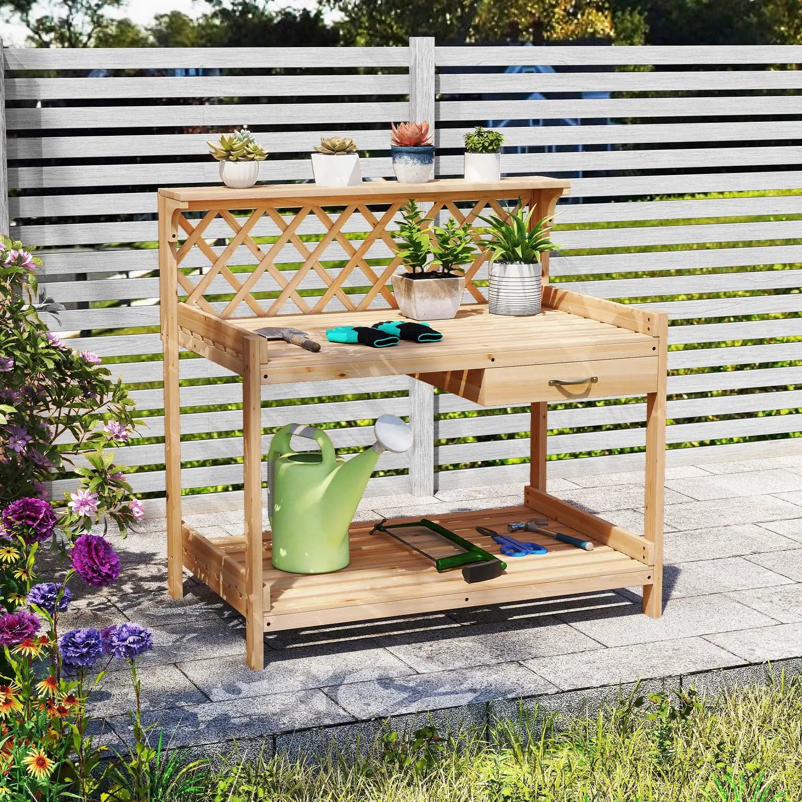 Garden Potting Bench Table Wooden Planting Workstation with Lattice Trellis by DirectDeals