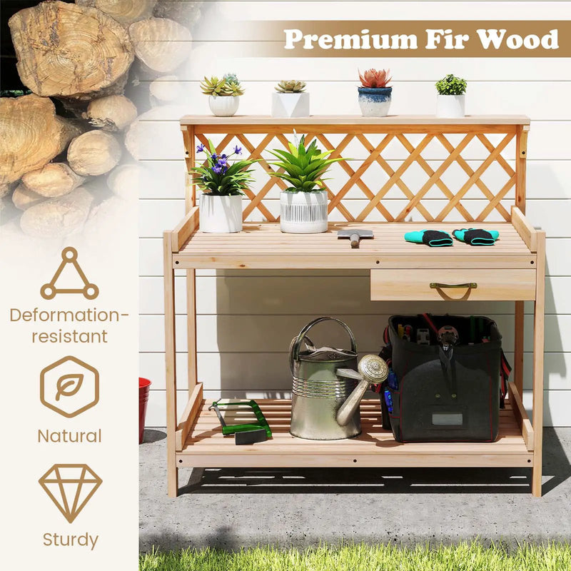 Garden Potting Bench Table Wooden Planting Workstation with Lattice Trellis by DirectDeals